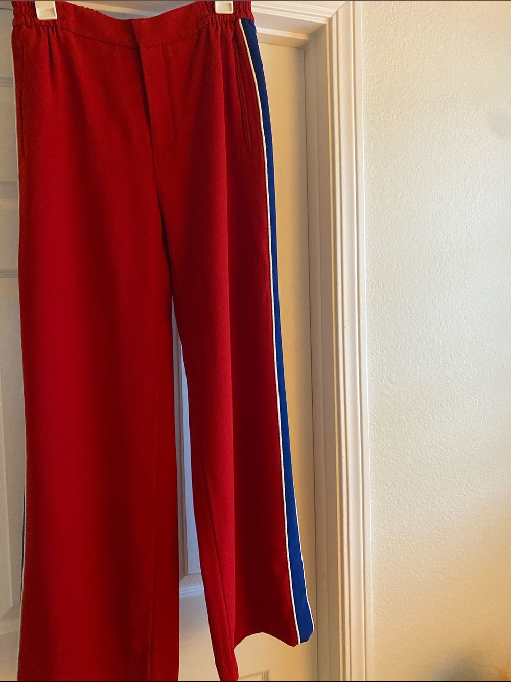 Zara Red Wide-Leg Trousers with Blue & White Side Stripe